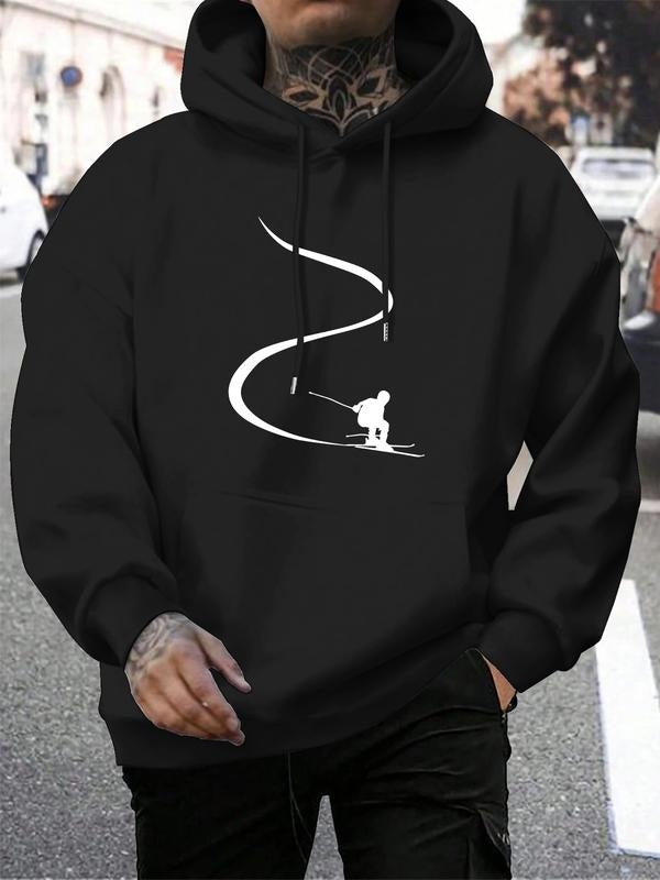 Men's Hooded Sweatshirt Casual Skiing Line Pattern Print, Winter Outdoor Sports Wear, Fitted Style, Spring & Fall Fashion...