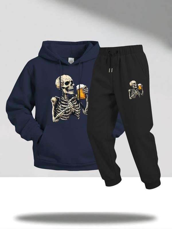 Men's Hooded Sweatshirt Set with Skull Beer Print, Cotton, Fitted Casual Summer Hoodie, Outdoor Activities & Leisure Wear...