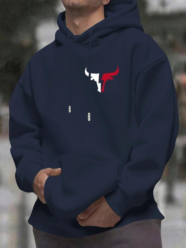 Men's Hooded Sweatshirt with Bull Head Print, Block Design, Casual Streetwear Fashion, Comfortable Daily Wear T-Shirts,...
