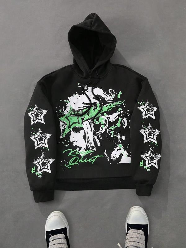 Men's Hooded Sweatshirt with Graffiti Print, Street Style Anime Star Ink Splash Design, Fall & Winter Fashion, Casual...