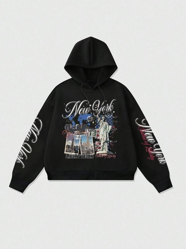 Men's Hooded Sweatshirt, Graphic Print, New York Style, Casual Fitted Design, Spring & Fall Fashion, Trendy Streetwear...