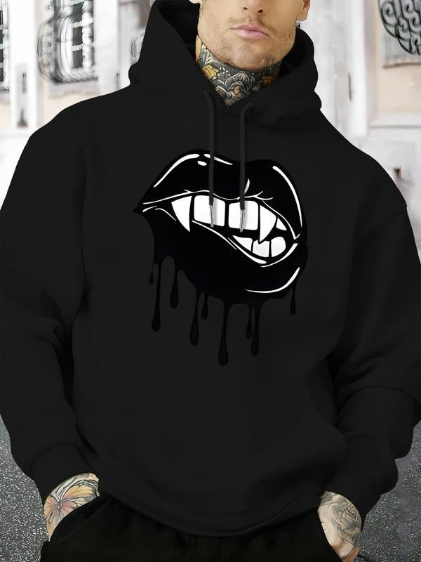 Men's Hooded Sweatshirt, Lip Print Drop Design, Casual Winter Warm Pullover, Perfect for Dia De Los Muertos, Beer...
