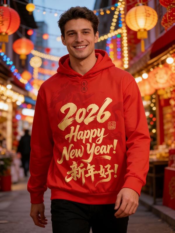 Men's Hooded Sweatshirt, New Year Graphic Design, Fitted Long Sleeve Pullover, Comfortable Casual Wear, Perfect Gift Idea...
