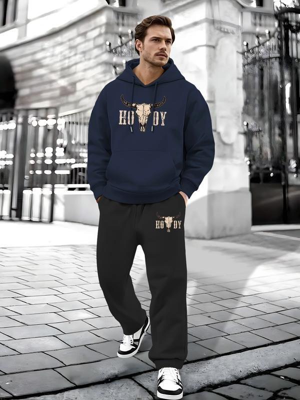 Men's Hoodie Sweatshirt Set & Bull Skull Print, Hot Boy Logo, Casual Streetwear, Long Sleeve, Fitted, Spring&fall T-Shirts