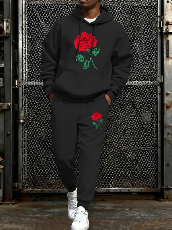 Men's Hoodie Sweatshirt Set & Rose Print, Casual Streetwear, Long Sleeve Fitted, Regular Length, Spring & Fall T-Shirts