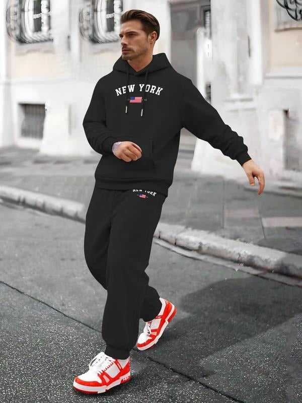 Men's Hoodie Sweatshirt Set, & New York Usa Flag Print, Casual Streetwear, Long Sleeve, Fitted, Spring & Fall T-Shirts