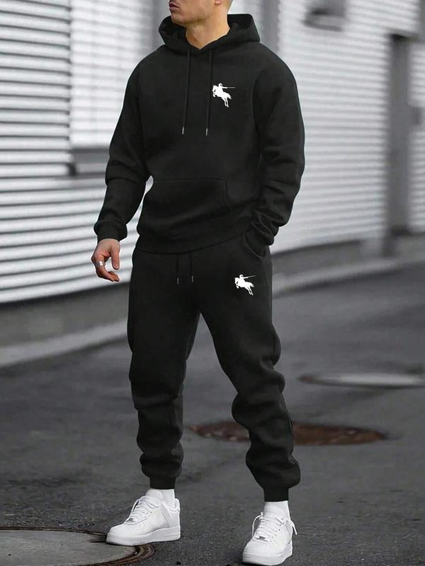 Men's Hoodie Sweatshirt Set, Horse Rider Logo Print, Casual Streetwear, Long Sleeve, Fitted, Spring & Fall T-Shirts