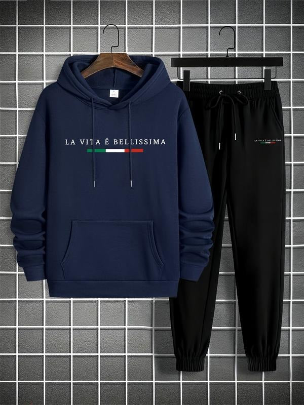 Men's Hoodie Sweatshirt Set, La Vita E Bellissima Italian Flag Print, Long Sleeve Fitted Design, Fall & Winter Urban...