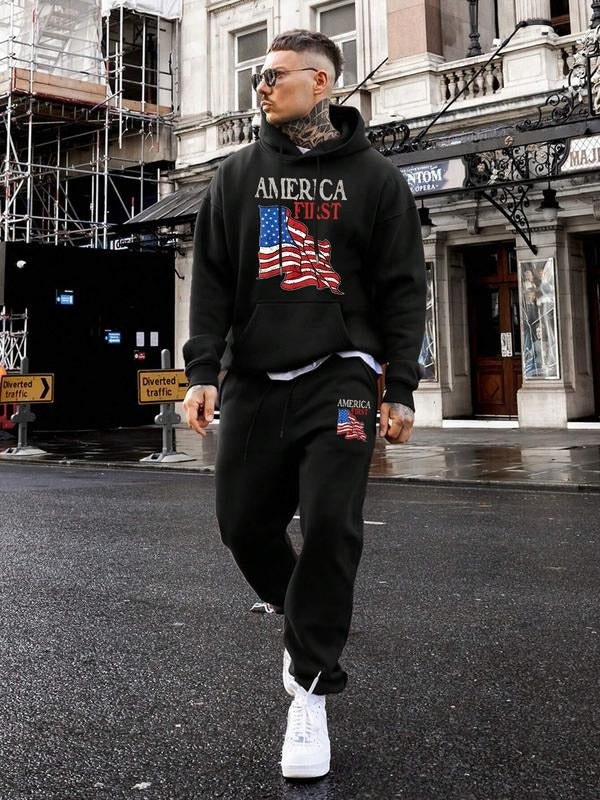 Men's Hoodie Sweatshirt Set, Usa Flag Graphic Design, Fitted Long Sleeve, Regular Length, Fall & Winter Casual Tracksuit...