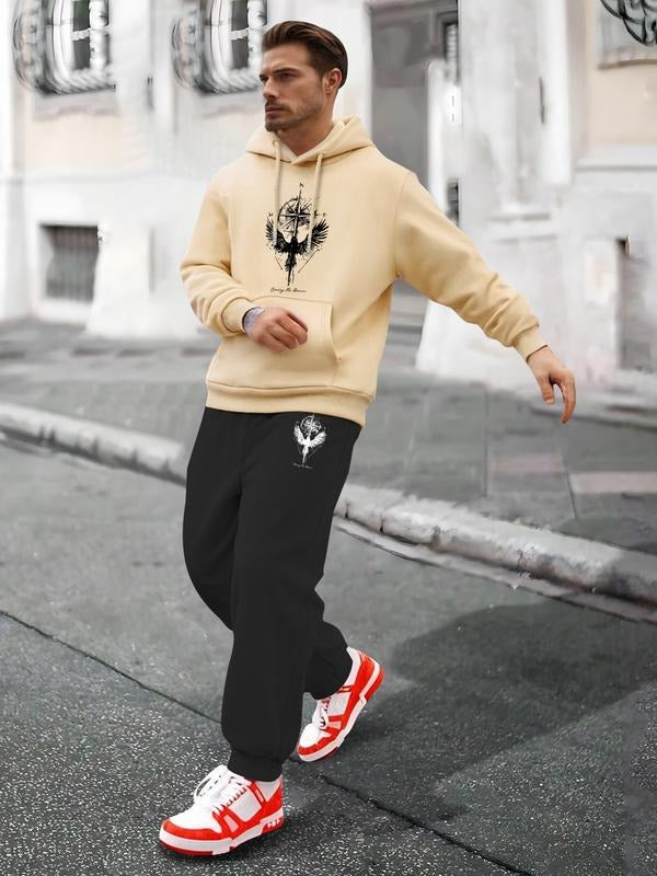 Men's Hoodie Sweatshirt with Eagle and Compass Print, Fitted Long Sleeve, Casual Streetwear, Spring & Fall Fashion T-Shirts
