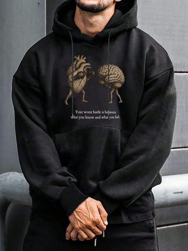 Men's Hoodie Sweatshirt with Heart & Brain Graphic, Inspirational Quote Design, Long Sleeve Fitted Regular Fit, Spring...