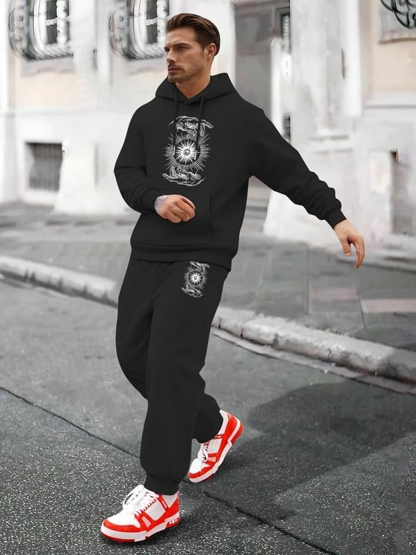 Men's Hoodie Sweatshirt with Sun and Eagle Print, Casual Streetwear, Long Sleeve, Fitted, Spring & Fall T-Shirts
