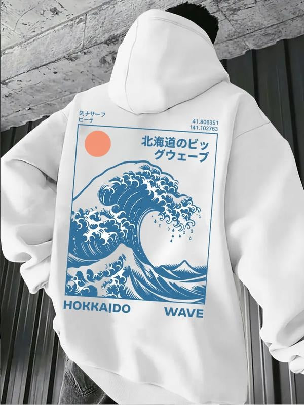 Men's Hoodie Ukiyo-e Style Hokkaido Wave Print Japanese Text Decor Loose-Fit Streetwear Top Comfortable for Daily Trendy...