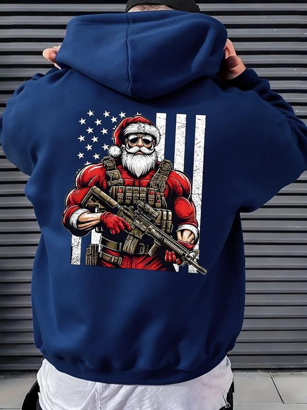 Men's Hoodie with Santa Claus & Tactical Gear Design, American Flag Print, Fitted Style for Spring Fall Holidays...