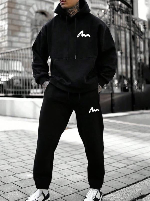 Men's Hoodie with Wave Logo Print, Casual Streetwear for Outdoor Urban Style, Long Sleeve Fitted Sweatshirt T-Shirts