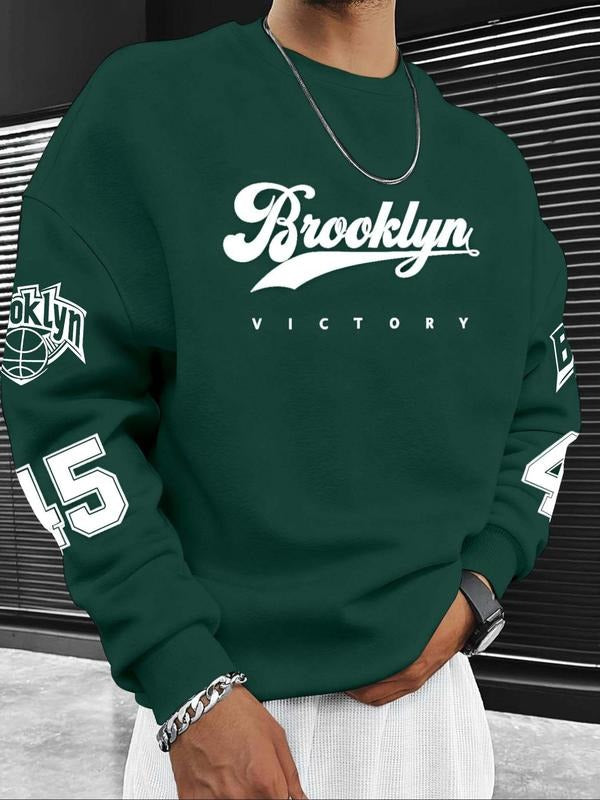 Men's Hot Selling Letter Number Print Fleece Pullover Sweatshirt, Casual Fall & Winter Round Neck Top, Thick Fabric,...