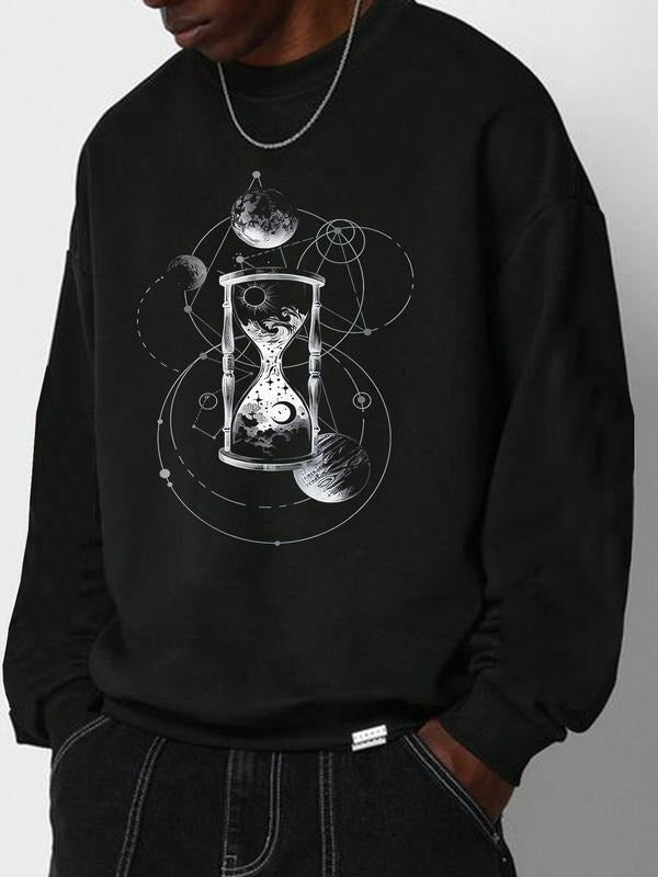 Men's Hourglass & Planets Print Drop Shoulder Sweatshirt, Regular Fit Fashion Casual Long Sleeve Round Neck Pullover for...