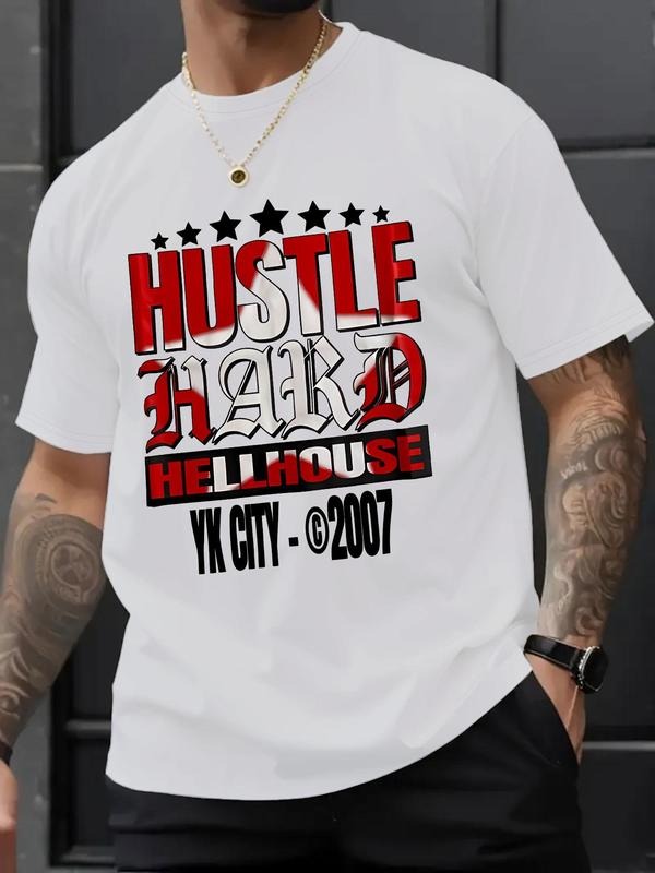 Men's Hustle Hard Letter Print Short Sleeve Graphic Tee, Regular Fit Casual Star Print Round Neck T-shirt for Summer,...