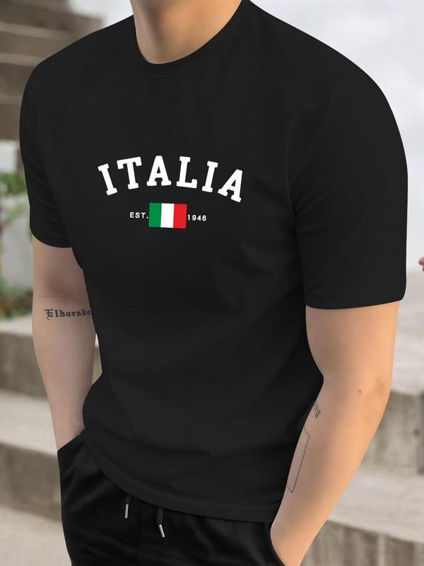 Men's Italy Flag & Letter Print Round Neck Tee, Regular Fit Casual Short Sleeve T-shirt for Summer, Men's Top for Daily...