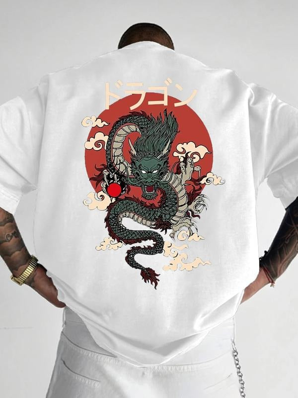 Men's Japanese Dragon Print T-Shirt, Trendy Eastern Element Statement, Stylish Casual Fitted Tee for Summer Wear, Graphic...