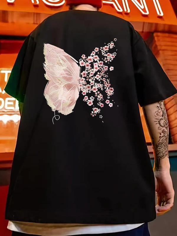Men's Japanese Style Cherry Blossom & Butterfly Graphic Print Drop Shoulder Tee, Loose Street Fashion Soft Comfy Round...