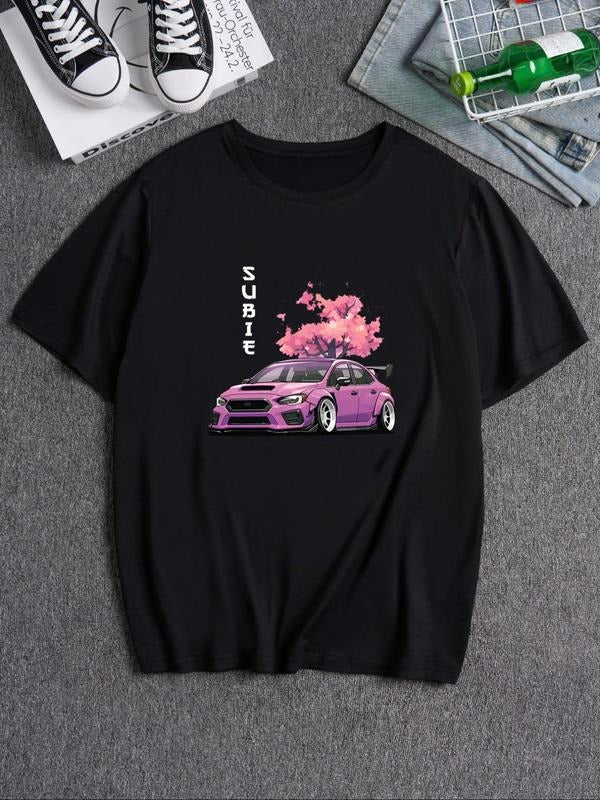 Men's Japanese Style Cherry Blossom & Car Graphic Print Round Neck Tee, Loose Street Fashion Casual Comfy Drop Shoulder...