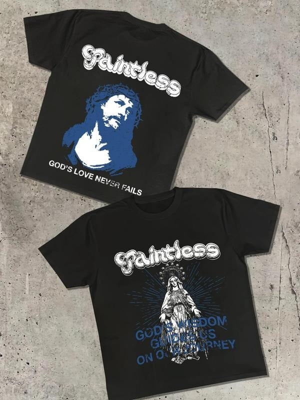 Men's Jesus & Letter Print Double-sided Tee, Casual Comfy Short Sleeve T-shirt for Daily Wear, Men's Top for All Seasons,...