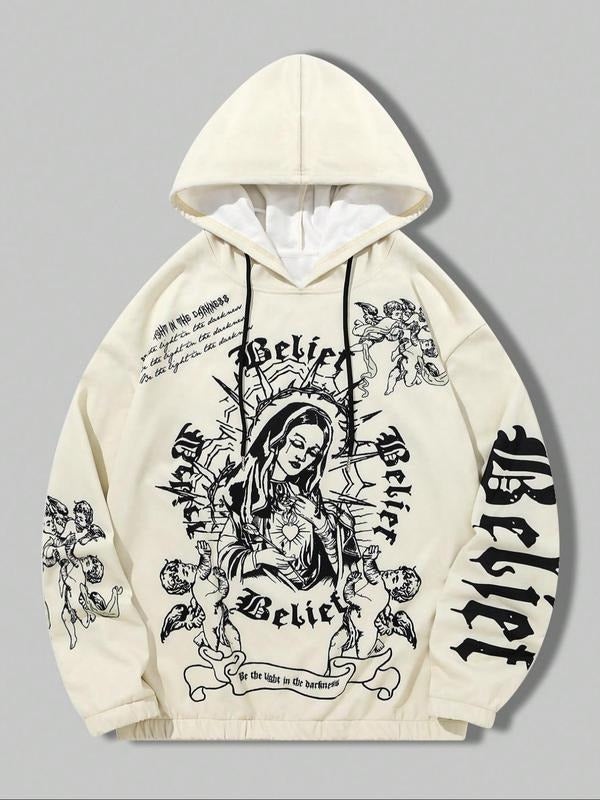 Men's Jesus & Letter Print Hoodie, Casual Regular Fit Long Sleeve Hooded Sweatshirt for Spring & Fall, Fashion Men's Top...