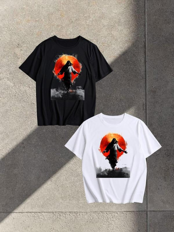 Men's Jesus Print Round Neck Tee, Loose Street Fashion Casual Short Sleeve T-shirt for Daily Wear, Men's Summer Clothes...