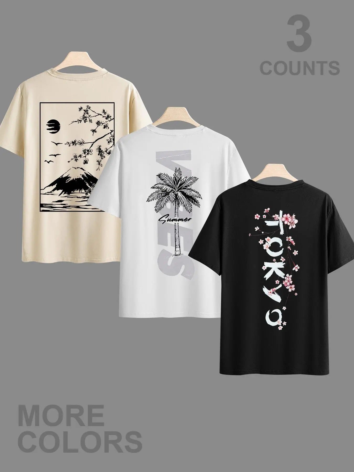 Men's Landscape & Coconut Tree & Cherry Blossom Graphic Print Round Neck Tee, Regular Fit Casual Comfy Short Sleeve Crew...