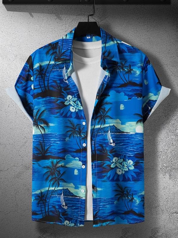 Men's Landscape  Print Short Sleeve Shirt, Regular Fit Casual Comfy Top for Summer, Men's Clothes for Beach Vacation...