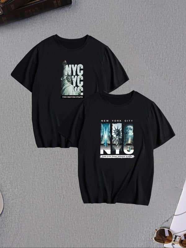 Men's Landscape Print & Letter Print Round Neck Tee, Loose Street Fashion Casual Short Sleeve T-shirt for Summer, Men's...