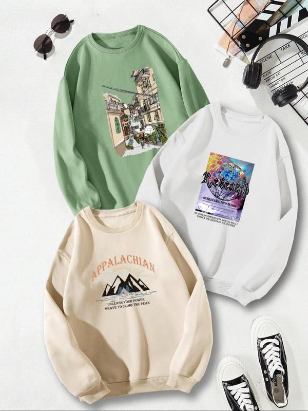 Men's Landscape Print Drop Shoulder Sweatshirt, Casual Regular Fit Letter Print Long Sleeve Round Neck Pullover for Fall...