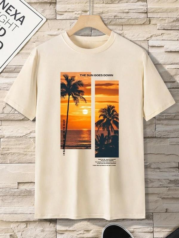 Men's Landscape Print Round Neck Tee, Regular Fit Casual Fashion Short Sleeve T-shirt for Summer, Men's Top for Daily...