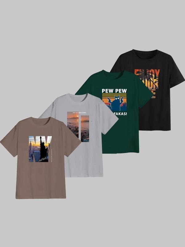 Men's Landscape Print Short Sleeve Tee, Regular Fit Round Neck Printed T-Shirt for Summer, Casual Men's Top for Outdoor...