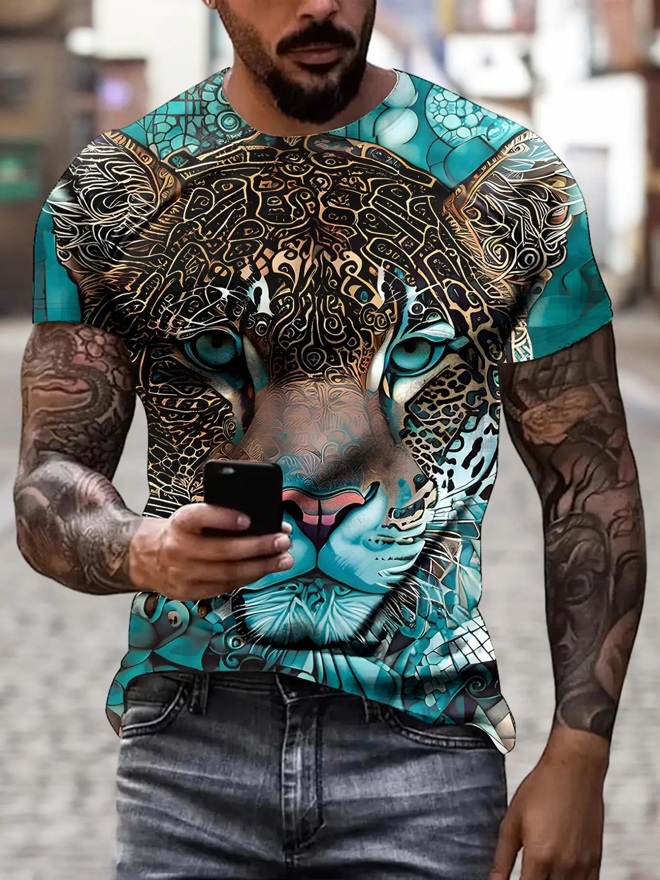 Men's Leopard Print Round Neck Tee, Regular Fit Casual Short Sleeve T-shirt, Fashion Men's Summer Top for Daily Wear...