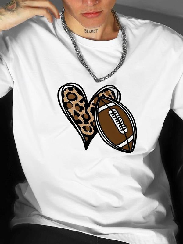 Men's Leopard Rugby & Heart Print Short Sleeve T-shirt, Loose Casual Fashion Round Neck Tee for Summer, Men's Top for...