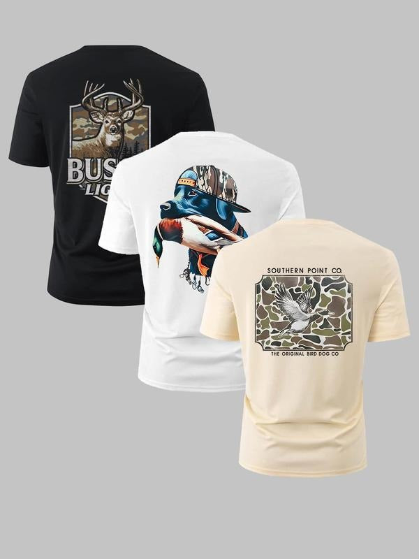Men's Letter & Animal Print Round Neck Tee, Regular Fit Casual Short Sleeve T-shirt for Summer, Men's Top for Daily Wear,...
