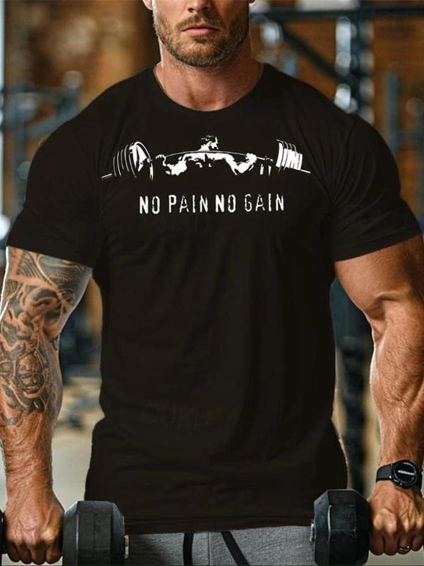 Men's Letter & Barbell Print Round Neck Tee, Regular Fit Casual Short Sleeve Crew Neck T-shirt for Summer, Fashion Men's...
