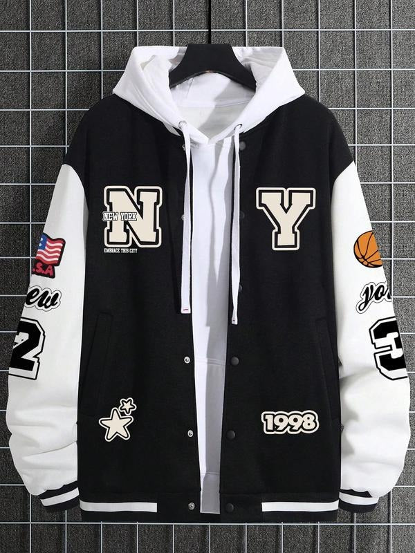 Men's Letter & Basketball Print Drop Shoulder Sweatshirt, Casual Loose Long Sleeve Baseball Collar Sweatshirt for Fall &...