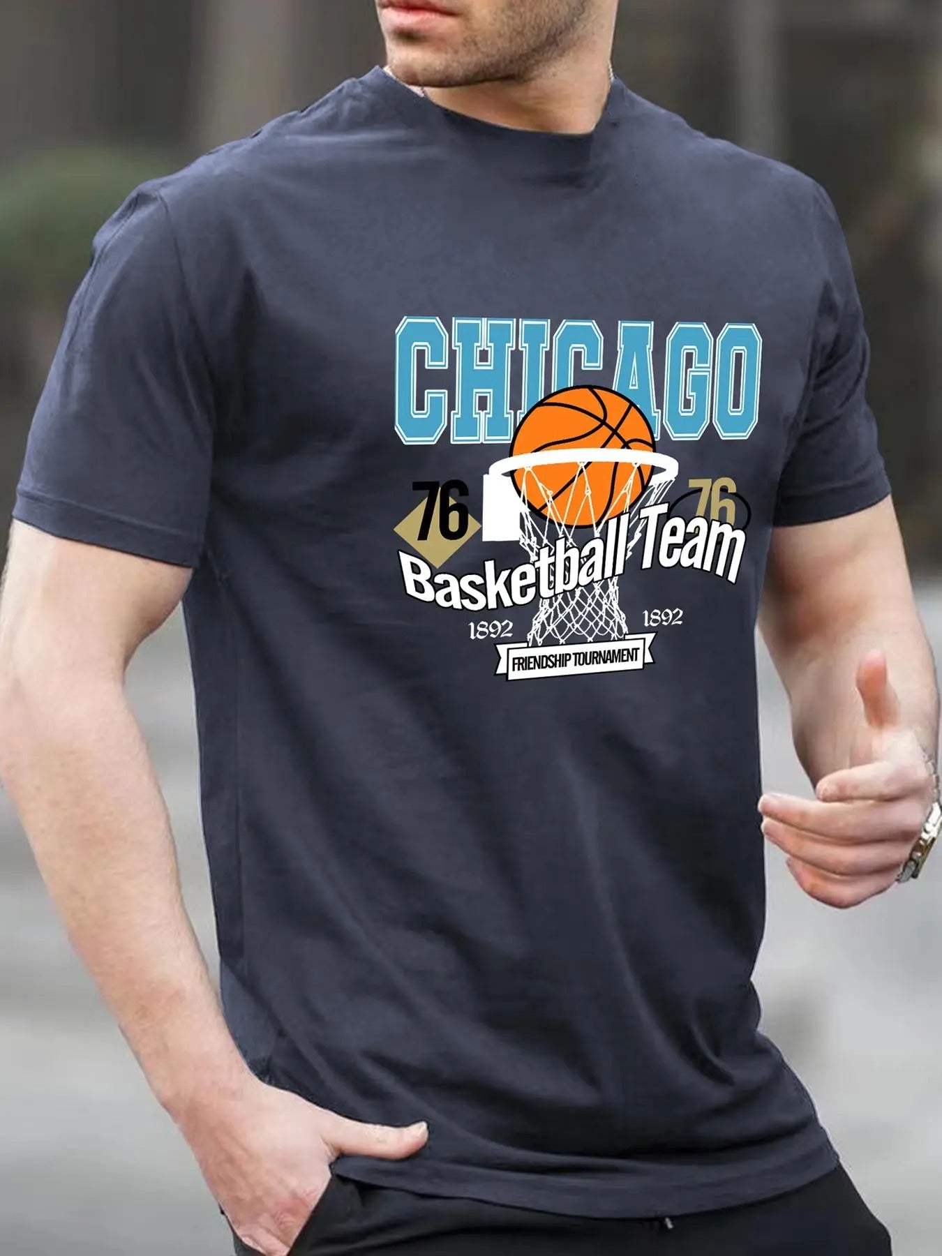 Men's Letter & Basketball Print Short Sleeve Tee, Regular Fit Round Neck Graphic T-shirts for Men, Casual Comfy Tops for...