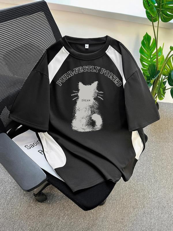 Men's Letter & Cat Print Round Neck Tee, Casual Short Sleeve T-shirt for Summer, Men's Top for Daily Wear Hoodie, Sweatshirt