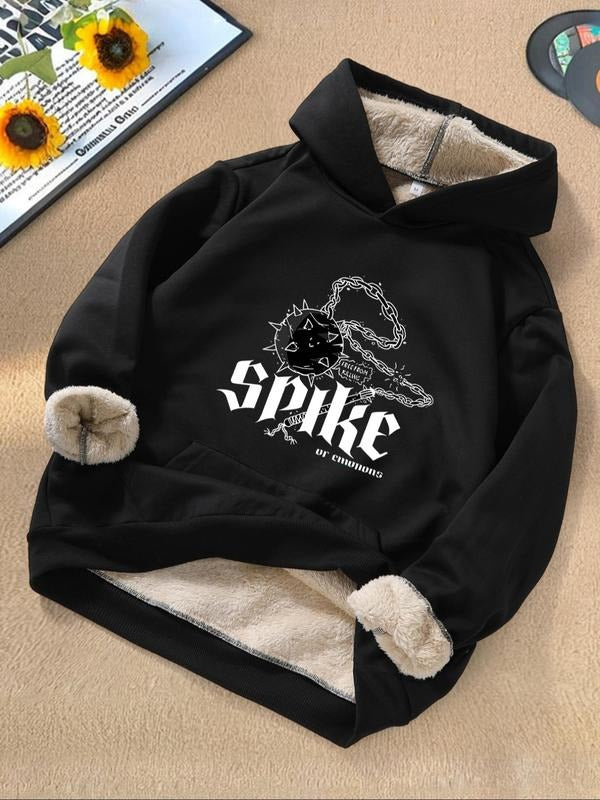 Men's Letter & Chain Print Plush Hoodie, Casual Regular Fit Long Sleeve Hooded Sweatshirt for Fall & Winter, Men's Top...