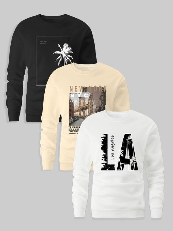Men's Letter & City Print Round Neck Sweatshirt, Regular Fit Casual Long Sleeve Crew Neck Pullover for Fall & Winter,...