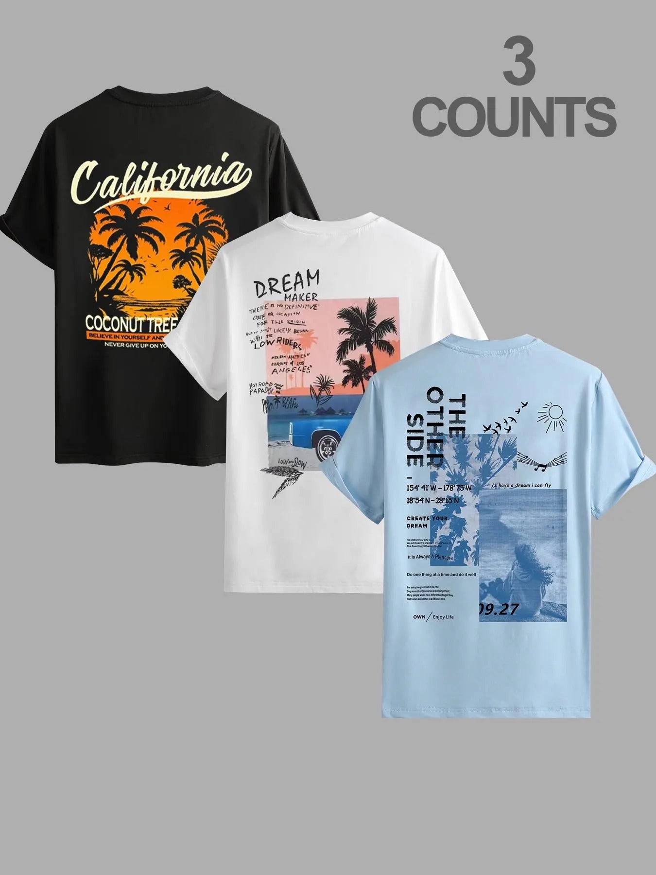 Men's Letter & Coconut Tree Print Round Neck Tee, Regular Fit Casual Short Sleeve T-shirt for Summer, Men's Top for Daily...