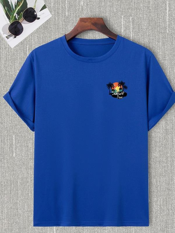 Men's Letter & Coconut Tree Print Tee, Summer Clothes Round Neck Short Sleeve Graphic T-shirt, Royal Blue T Shirts for...