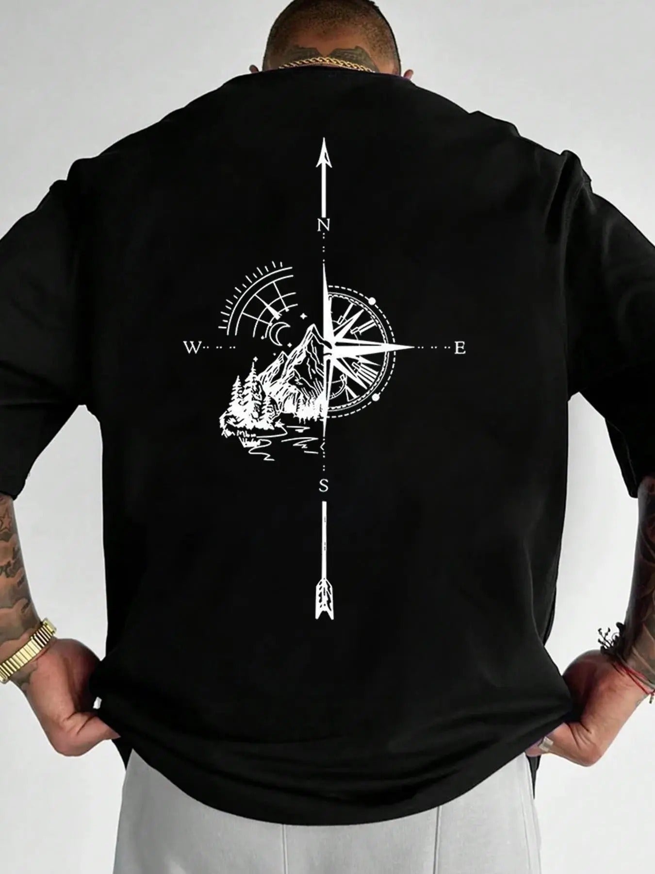 Men's Letter & Compass Print Round Neck Tee, Regular Fit Casual Short Sleeve Crew Neck T-Shirt for Summer, Fashion Men's...