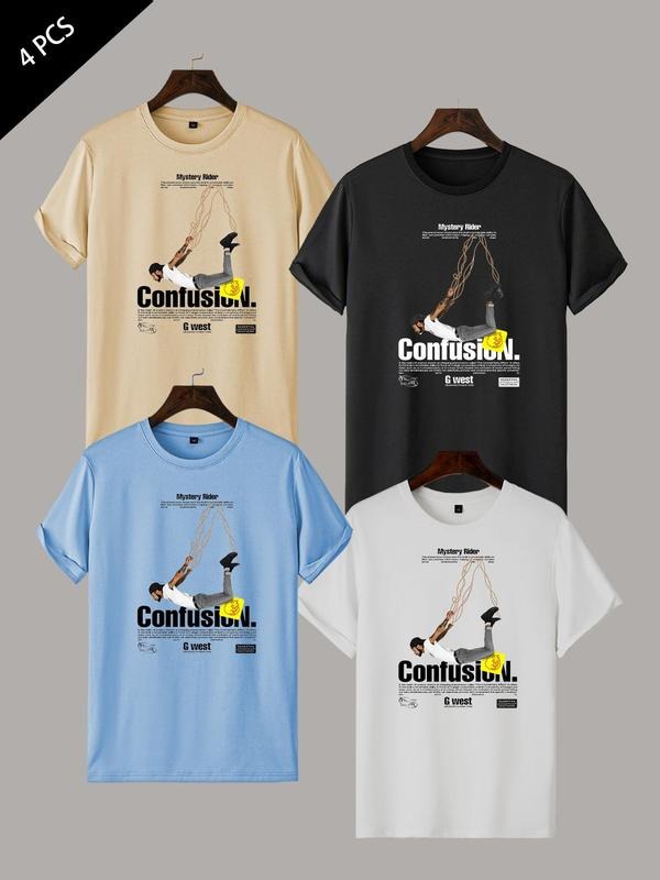 Men's Letter & Crane Print Round Neck Tee, Regular Fit Casual Short Sleeve T-shirt for Summer, Men's Top for Daily Wear,...