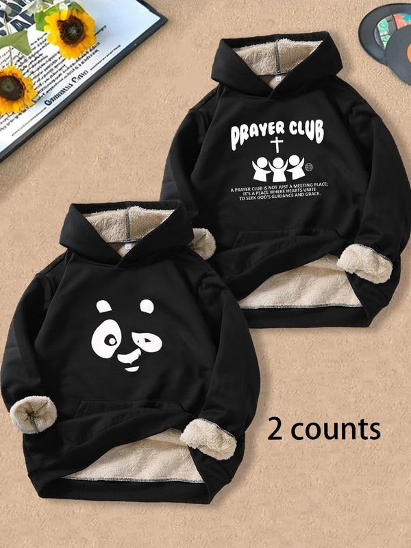 Men's Letter & Cross Print Plush Hoodie, Casual Regular Fit Long Sleeve Hooded Sweatshirt for Fall & Winter, Men's...