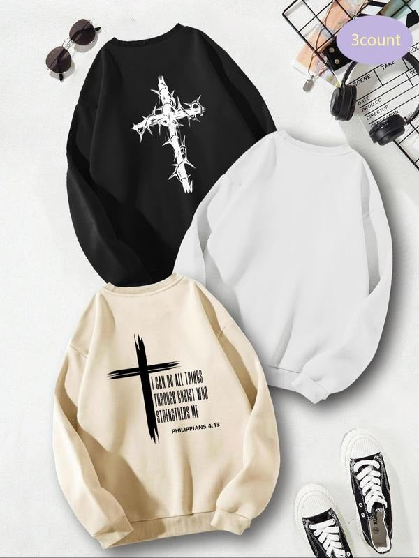 Men's Letter & Cross Print Round Neck Sweatshirt, Regular Fit Casual Fashion Drop Shoulder Long Sleeve Pullover, Men's...